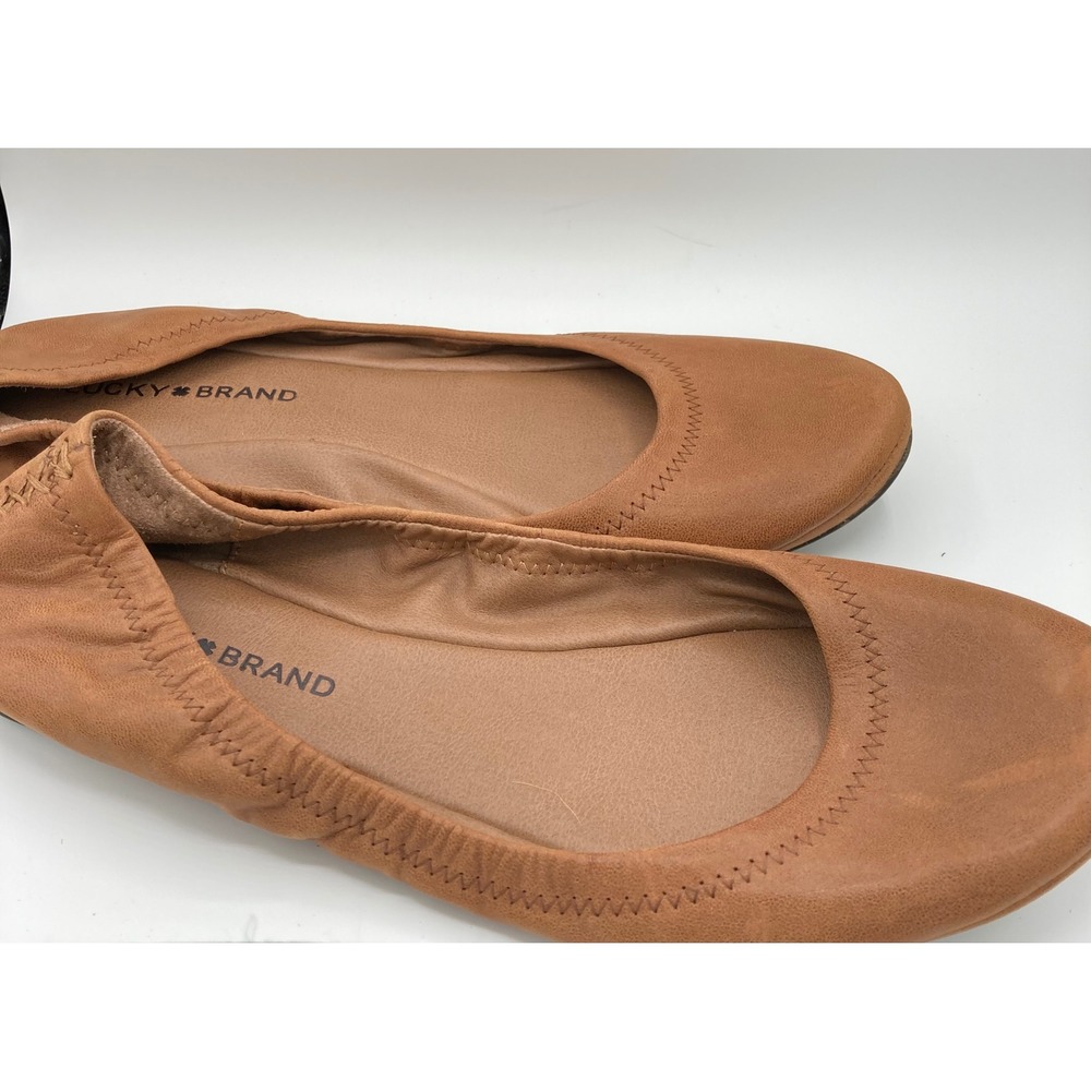 Lucky Brand Emmie Tan Leather Ballet Flats Scrunch Back Shoes Womens 10 M